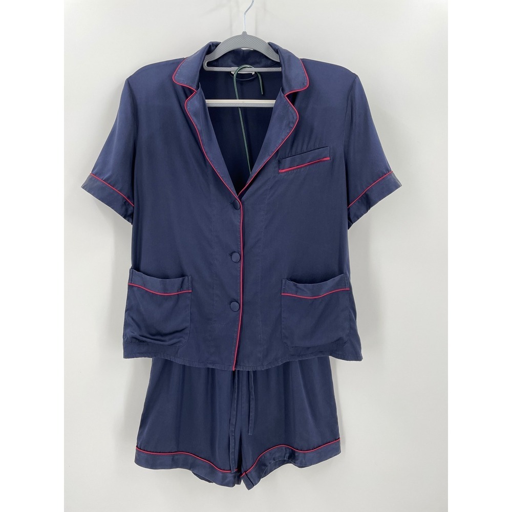 LILYSILK 22 Momme 100% Mulberry Silk Shorts Pajama Set Navy Red Piping S